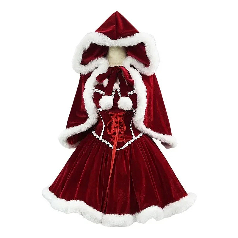 Elf Costume Christmas - Yeni Yıl Kırmızı Elbise Pelerin Cosplay