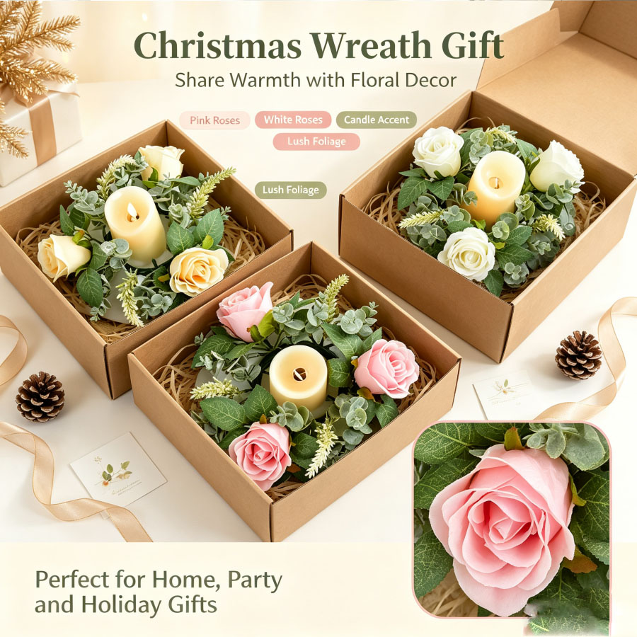 Christmas Wreath Fake - Yapay Gül Çelenk Şekilli Şamdan Çiçek